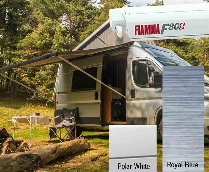 Markýza střešní kazetová Fiamma F80s 4,0 m (bílé pouzdro, královská modrá, výsuv 2,5 m) 306223
