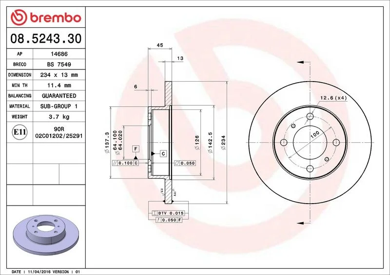 Brzdový kotouč BREMBO 08.5243.30 Brzdový kotouč BREMBO 08.5243.30