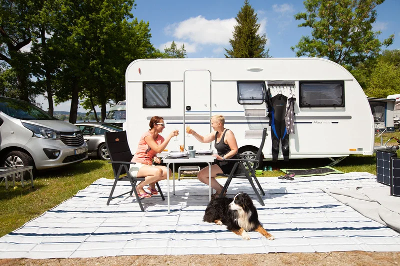 Koberec předstanový / podložka pod markýzu 650 × 300 cm (480 g/m²) s taškou – šedý 308509