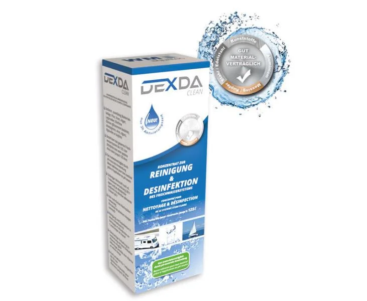 Dezinfekce vody a nádrží DEXDA Clean na bázi oxidu chloričitého pro nádrže do 500 l 1000 ml pro karavany a lodě 309741
