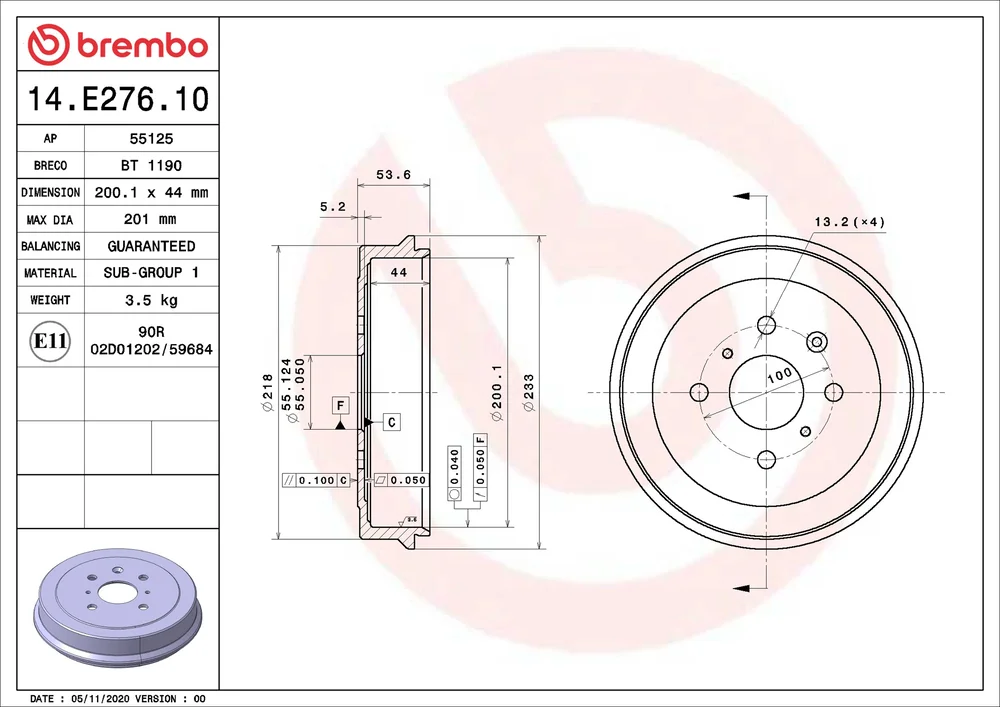 Brzdový buben BREMBO 14.E276.10 – OE 424310H010 Brzdový buben BREMBO 14.E276.10 – OE 424310H010