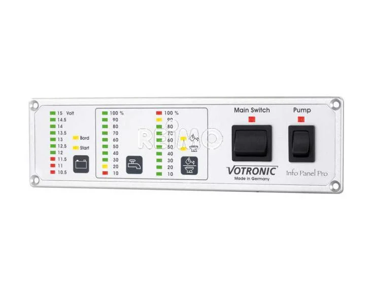 Kontrolní a ovládací panel Votronic Info Panel Pro 12 V (sledování nádrží, baterií, hlavní vypínače, stříbrný/kov) 302597