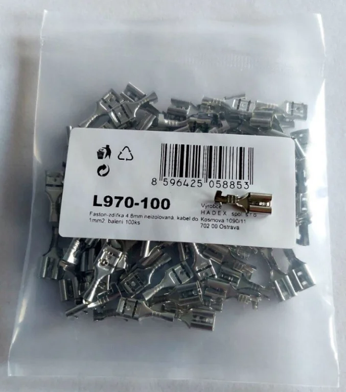 Faston-zdířka 4,8mm neizolovaná, kabel do 1mm2, balení 100ks 750670