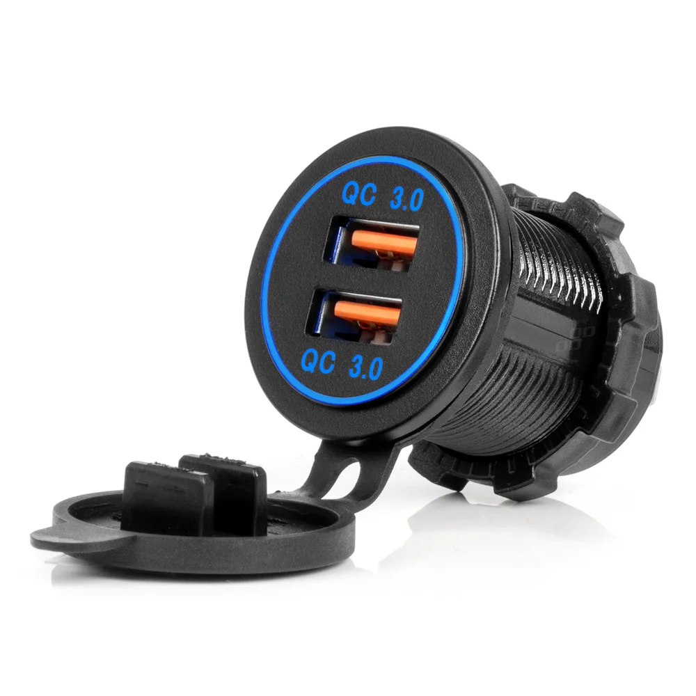 Vodotěsná nabíječka s MODRÝM LED podsvícením 2xUSB QC3.0 12/24V AMiO-04218