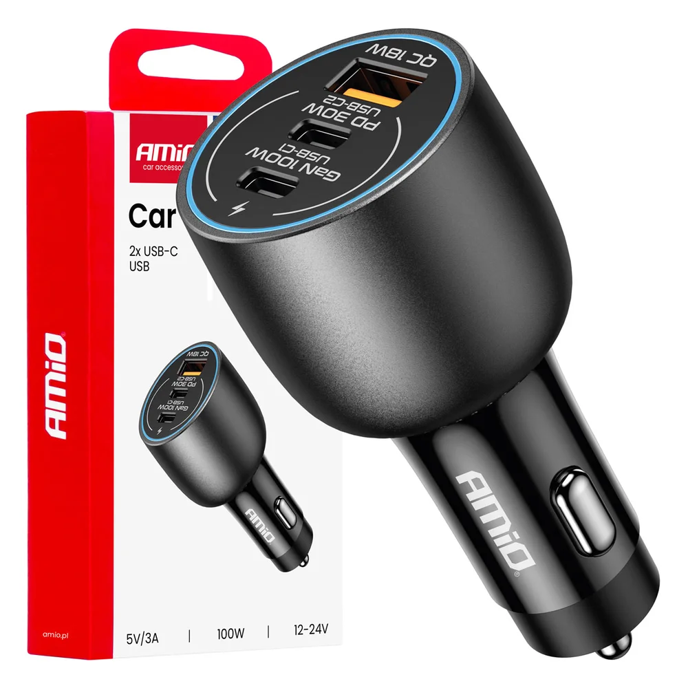 Nabíječka do auta 2x USB C port + USB A port 12/24V 100W AMIO-04371