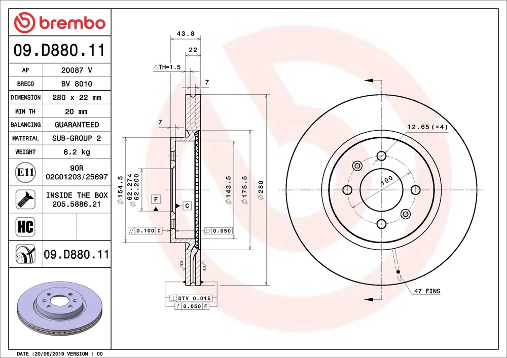 Brzdový kotouč BREMBO 09.D880.11 – OE 51712H8580